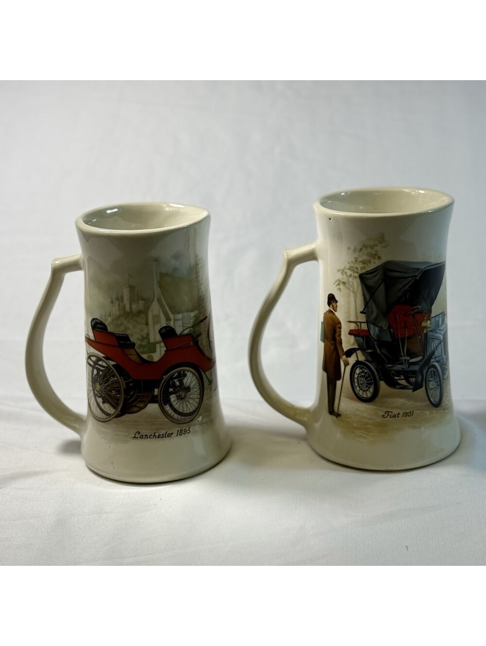 Lot  McCoy Fancy White Ceramic Mugs Beer Stein 1901 Fiat 1895 Panhard Two